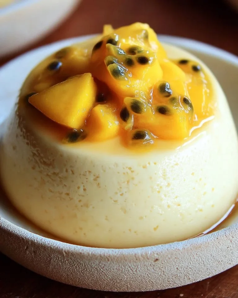 Flan onctueux mangue-passion savoureux et crémeux, parfait pour les amateurs de desserts exotiques.