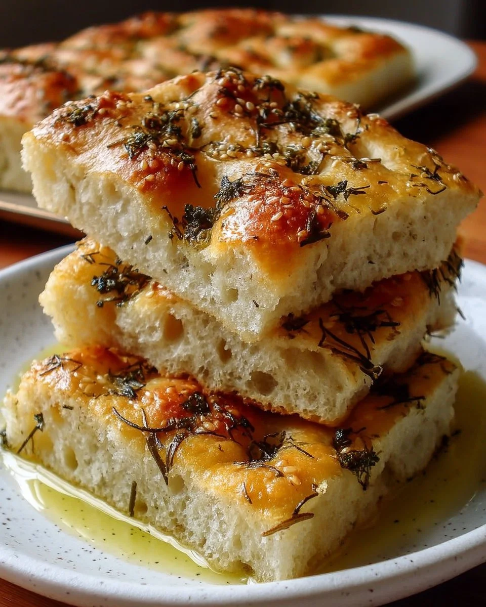 Focaccia maison garnie d'herbes et d'huile d'olive sur une planche en bois.