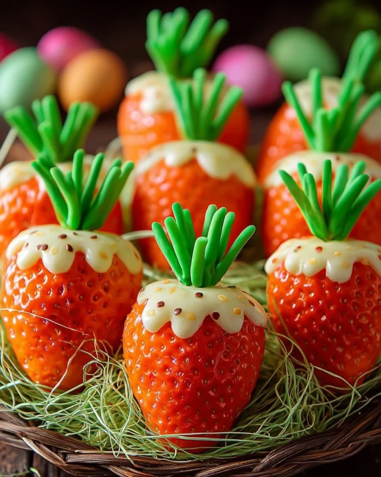 Fraises déguisées en carottes pour Pâques, décoration créative et gourmande.