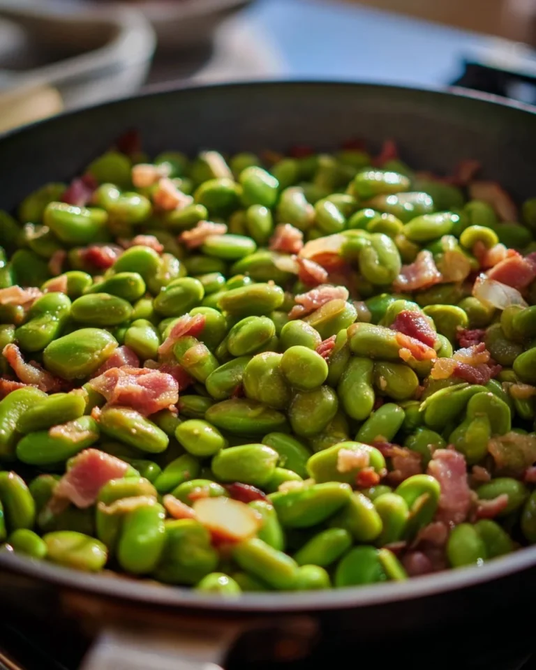 Fried beans with garlic served in a bowl, garnished with herbs.