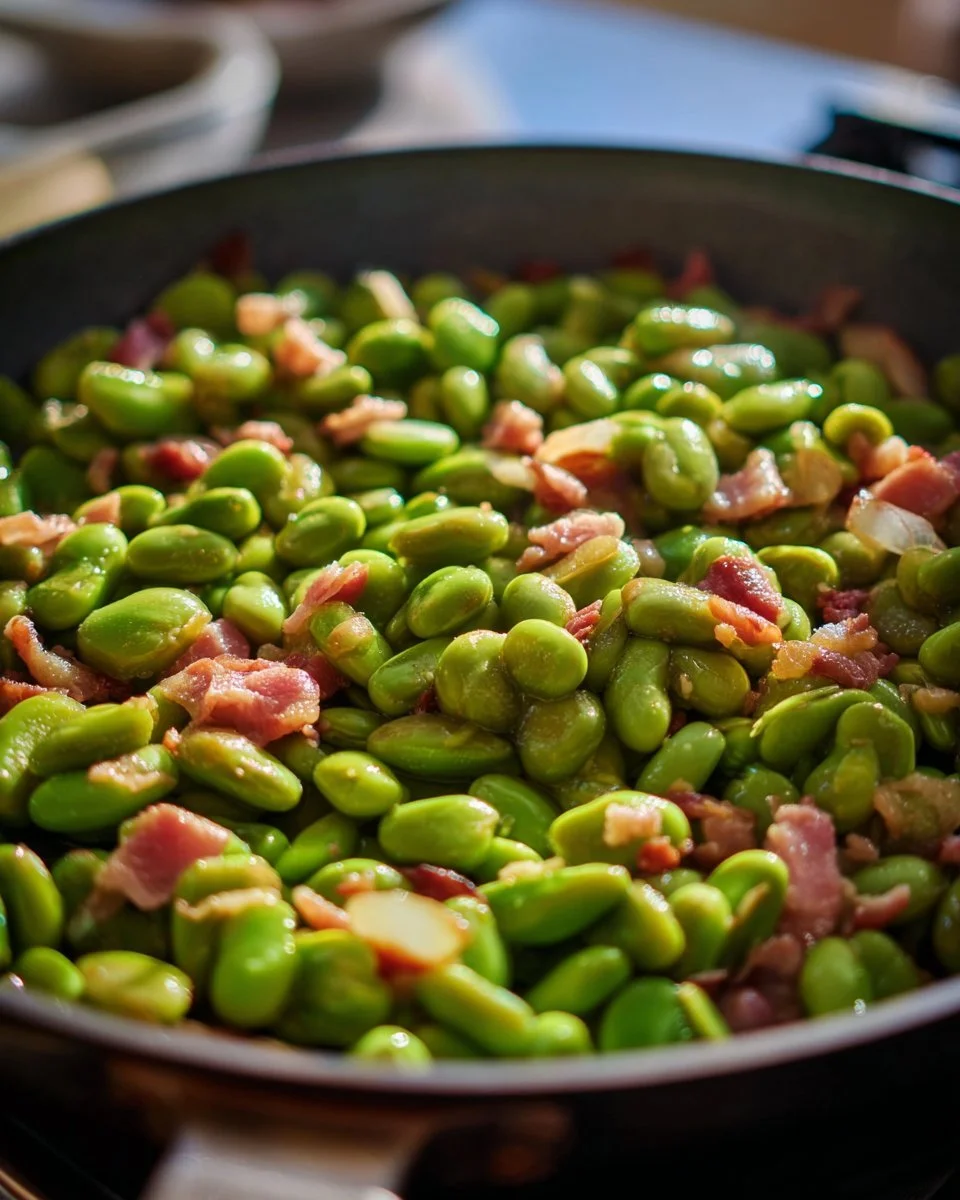 Fried beans with garlic served in a bowl, garnished with herbs.