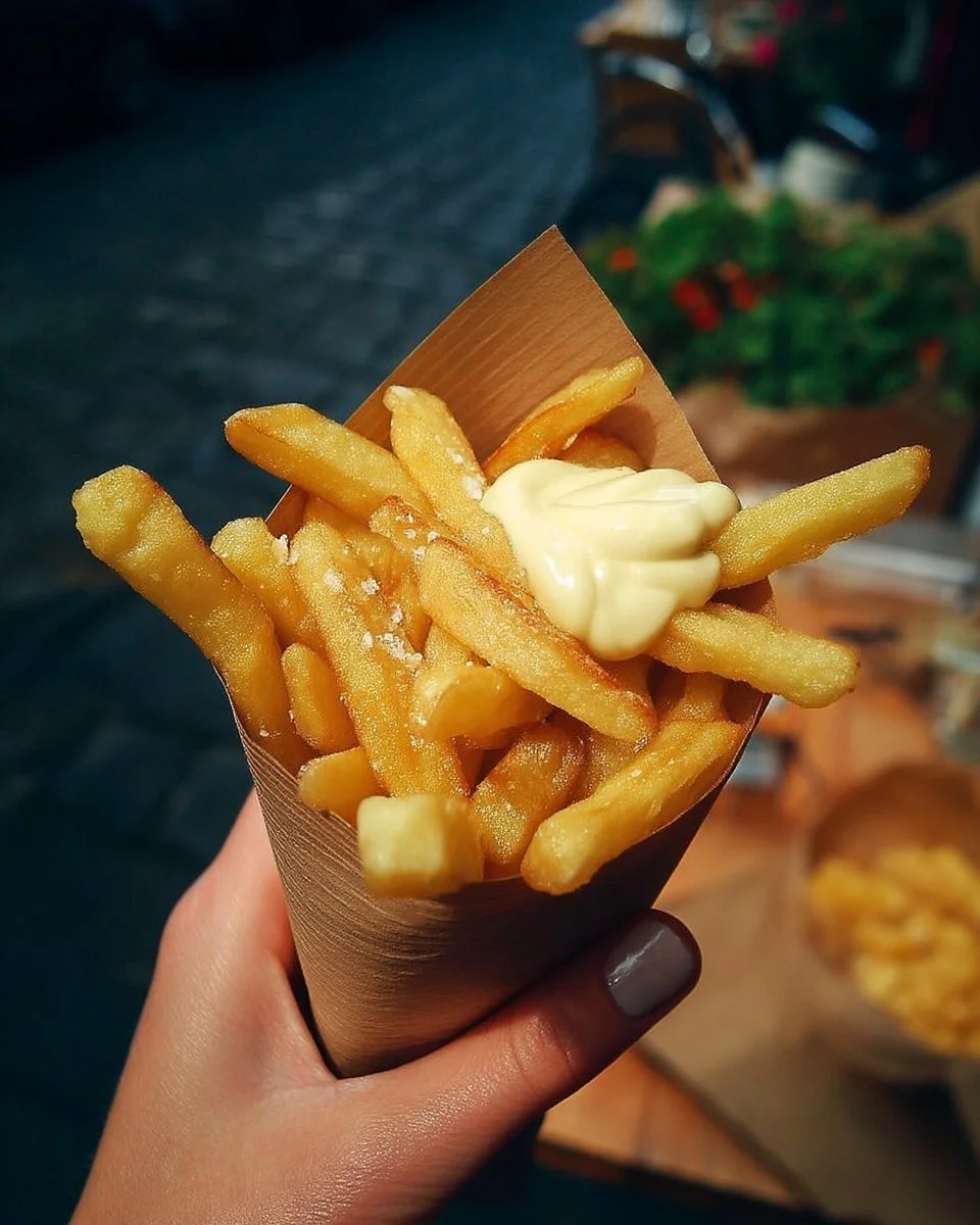 Frites belges traditionnelles servies avec des sauces variées.