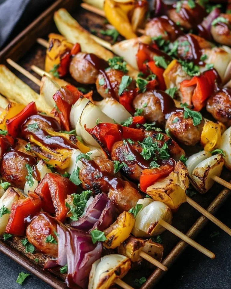 Frites de pommes de terre au barbecue sur bâtonnets avec saucisses et légumes grillés.