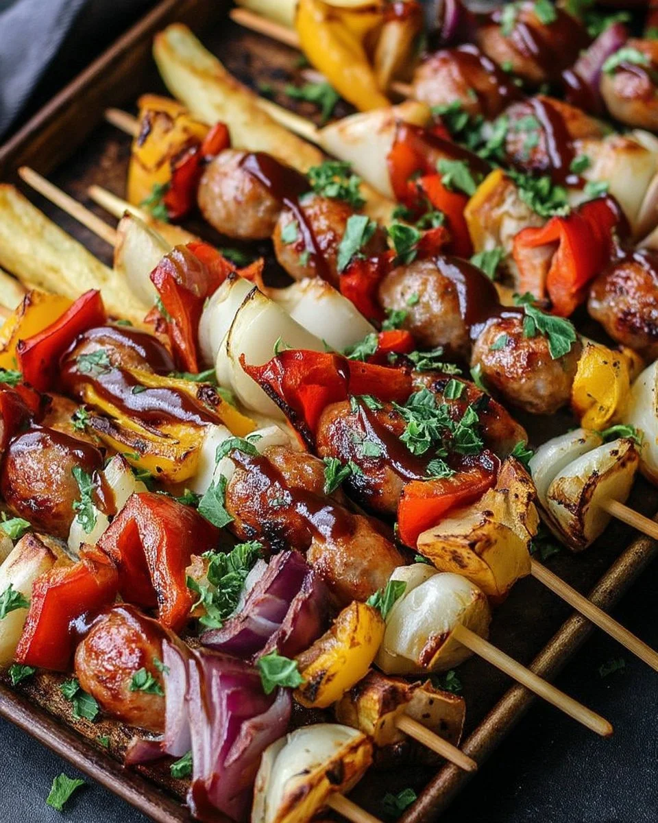 Frites de pommes de terre au barbecue sur bâtonnets avec saucisses et légumes grillés.