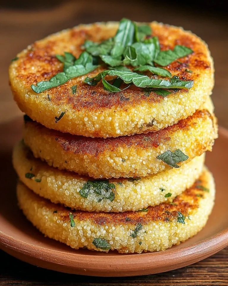 Galettes de semoule dorées aux herbes fraîches, délicieuses et appétissantes.