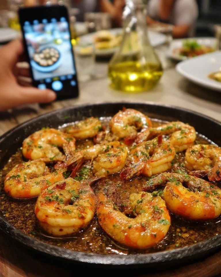 Plat de gambas à l'ail servi avec des herbes fraîches