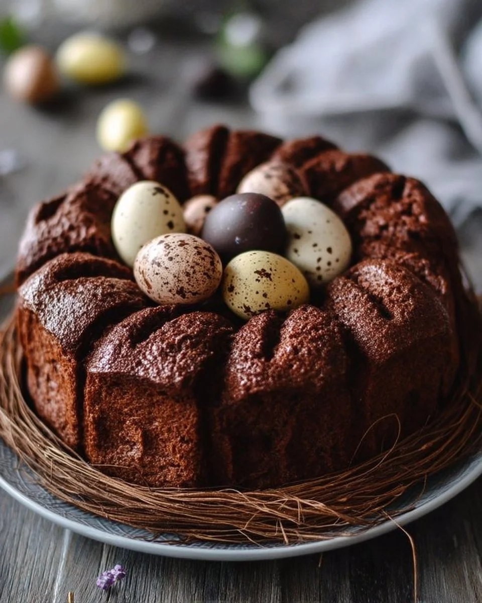 Gâteau au chocolat de Pâques décoré avec des œufs en chocolat et des fleurs