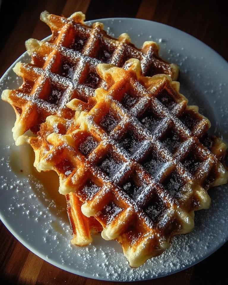 Gaufres de Liège Traditionnelles sur une assiette, croustillantes et dorées.