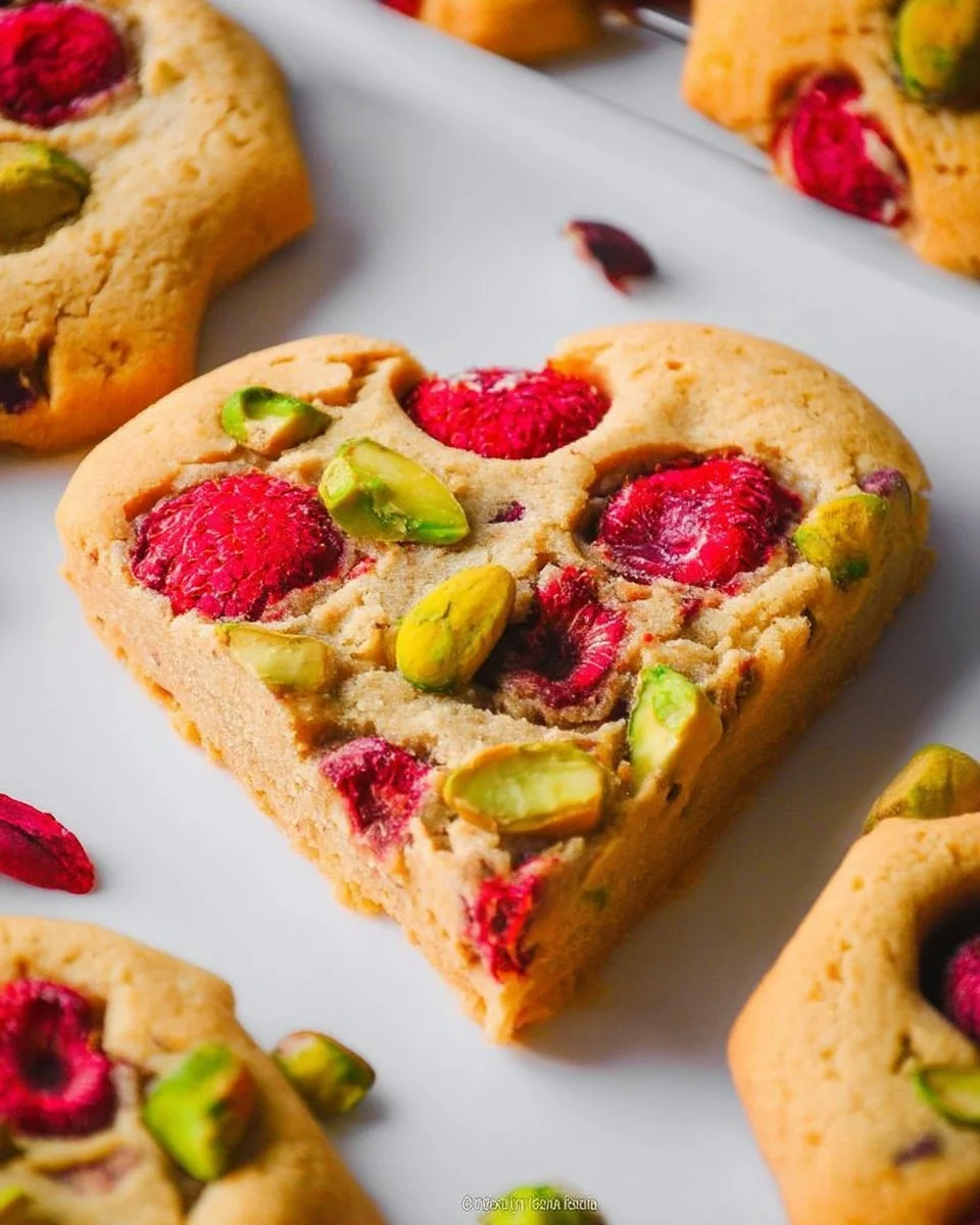 Giant Raspberry and Pistachio Cookies with fresh raspberries and pistachios