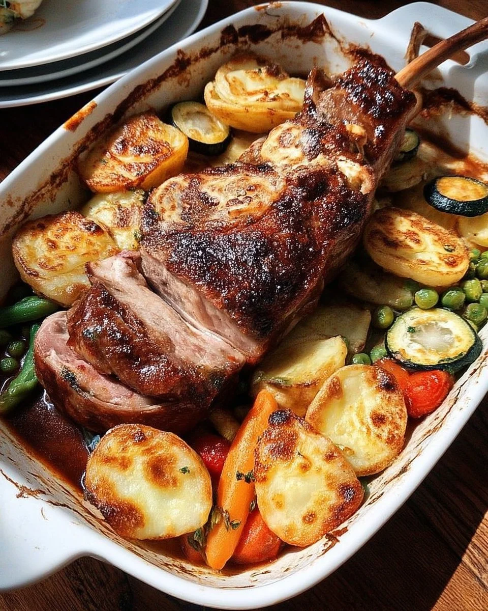 Gigot d'agneau rôti au four avec légumes de printemps et gratin de pommes de terre.