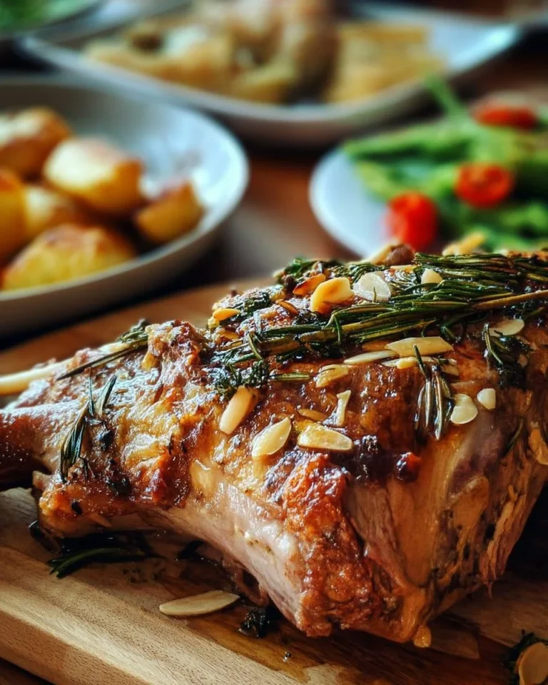 Gigot d’agneau rôti au miel, romarin et amandes, plat savoureux