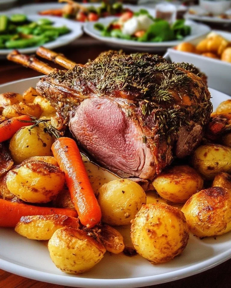Gigot d'agneau rôti aux herbes avec pommes de terre et carottes sur une assiette