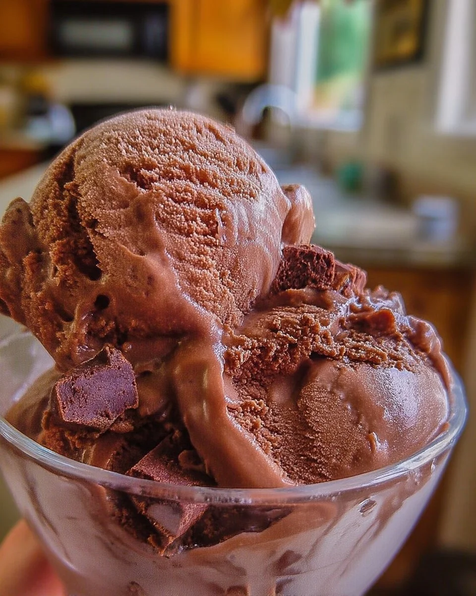 Glace au chocolat avec morceaux de brownie dans une coupe
