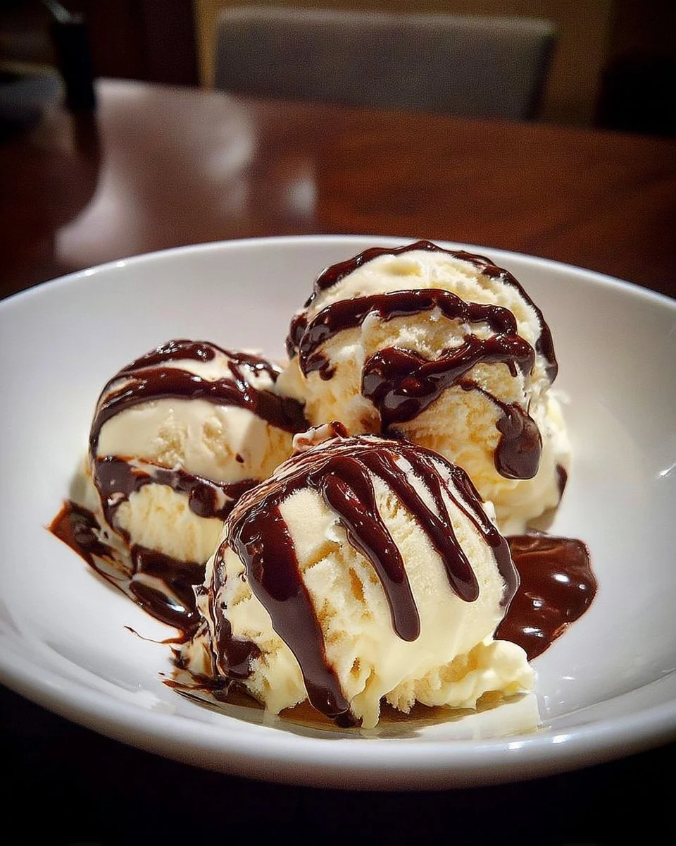 Boule de glace vanille avec sauce chocolat chaude délicieuse