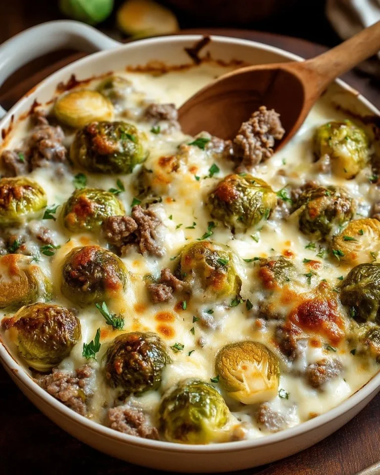 Gratin crémeux de choux de Bruxelles au parmesan et bœuf, plat savoureux