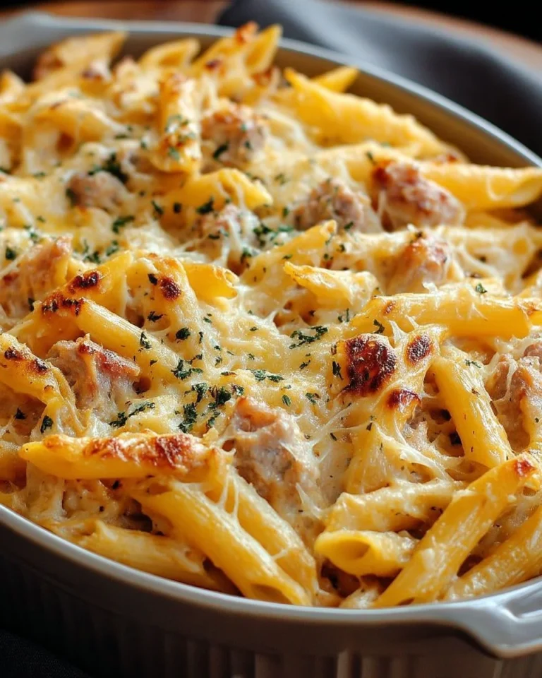 Gratin de penne fondantes au thon doré et fromage râpé, plat savoureux et réconfortant.