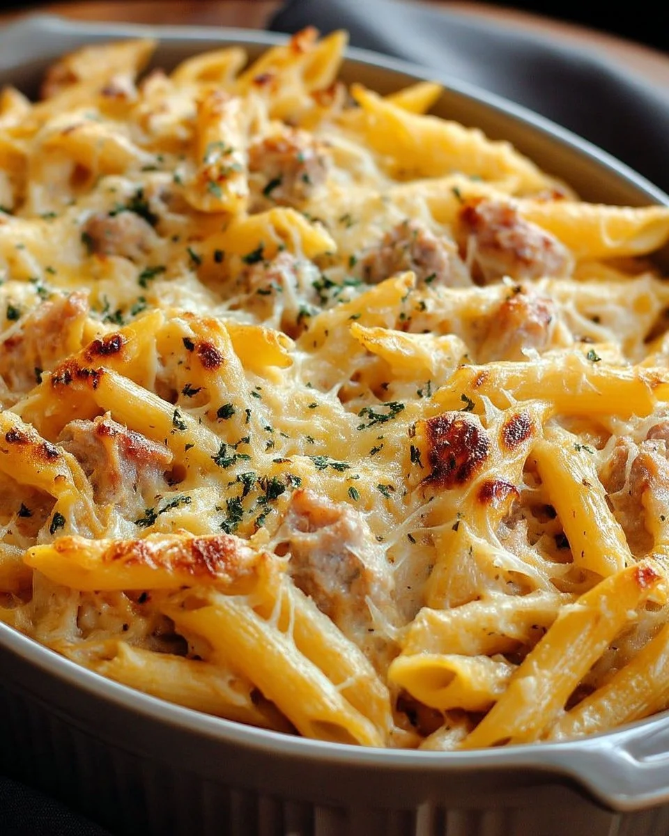 Gratin de penne fondantes au thon doré et fromage râpé, plat savoureux et réconfortant.