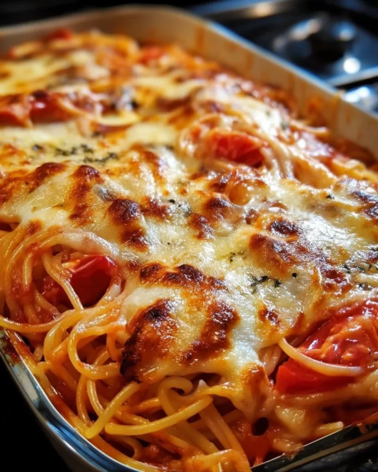 Gratin de spaghetti à la tomate et au fromage, un délicieux plat réconfortant.