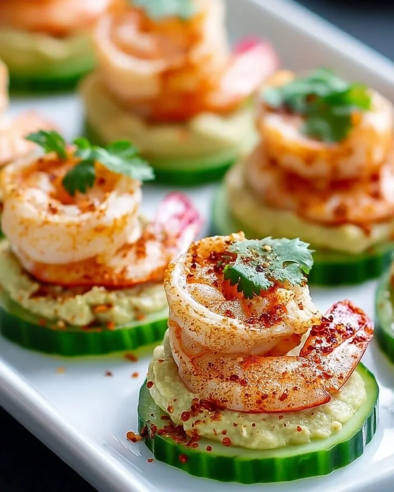 Crevettes grillées sur concombre avec guacamole pour une entrée fraîche.