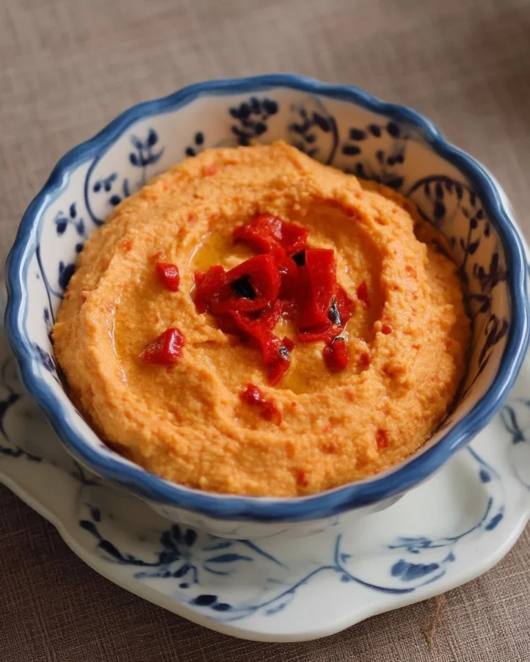 Bol de houmous aux poivrons rouges prêt à être servi.