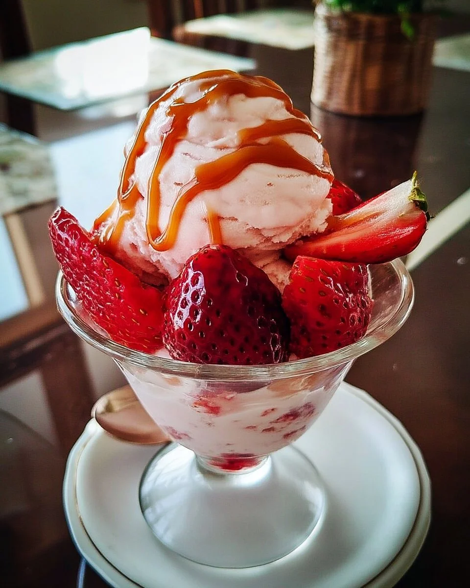 Coupe de crème glacée avec fraises et sauce caramel délicieuse
