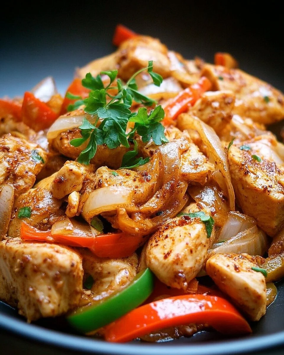 Sauté de poulet aux poivrons et oignons caramélisés