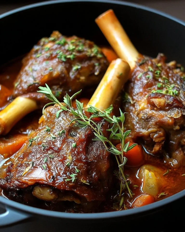 Jarrets d'agneau braisés aux herbes présentés dans un plat appétissant.
