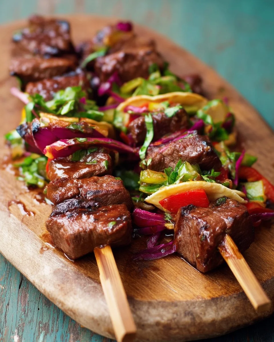 Kebabs de bœuf glacés au sirop d'érable servis avec des tacos colorés
