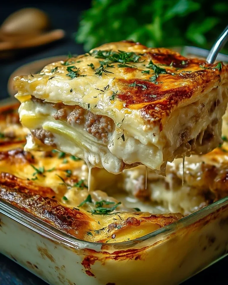 Lasagne di patate, viande et béchamel fondante servie dans un plat