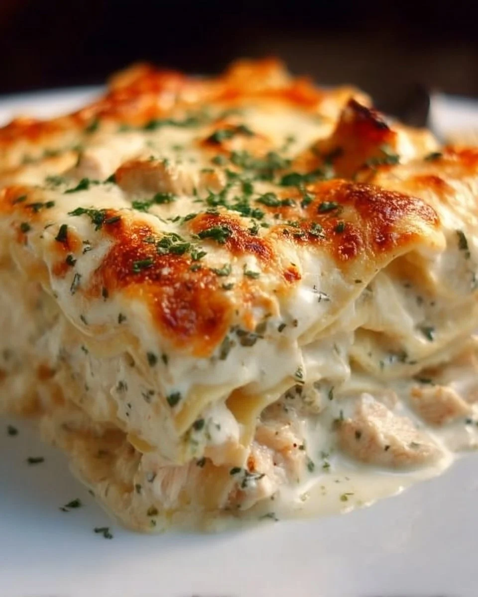 Lasagne Alfredo au Poulet savoureuse et crémeuse prête à être servie