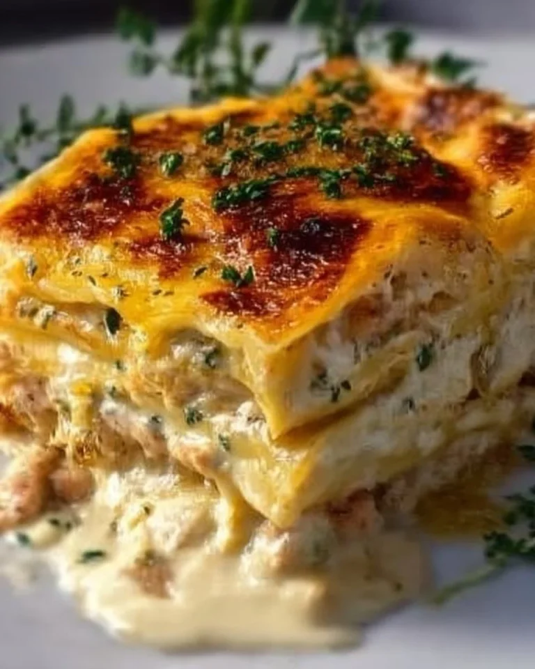 Lasagne au poulet et béchamel servie dans un plat en céramique