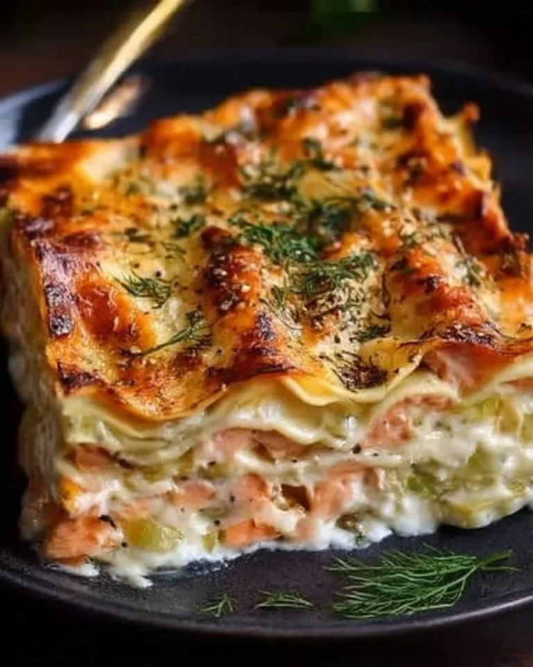 Plat de lasagnes de saumon et poireaux bien présentées dans un plat en céramique