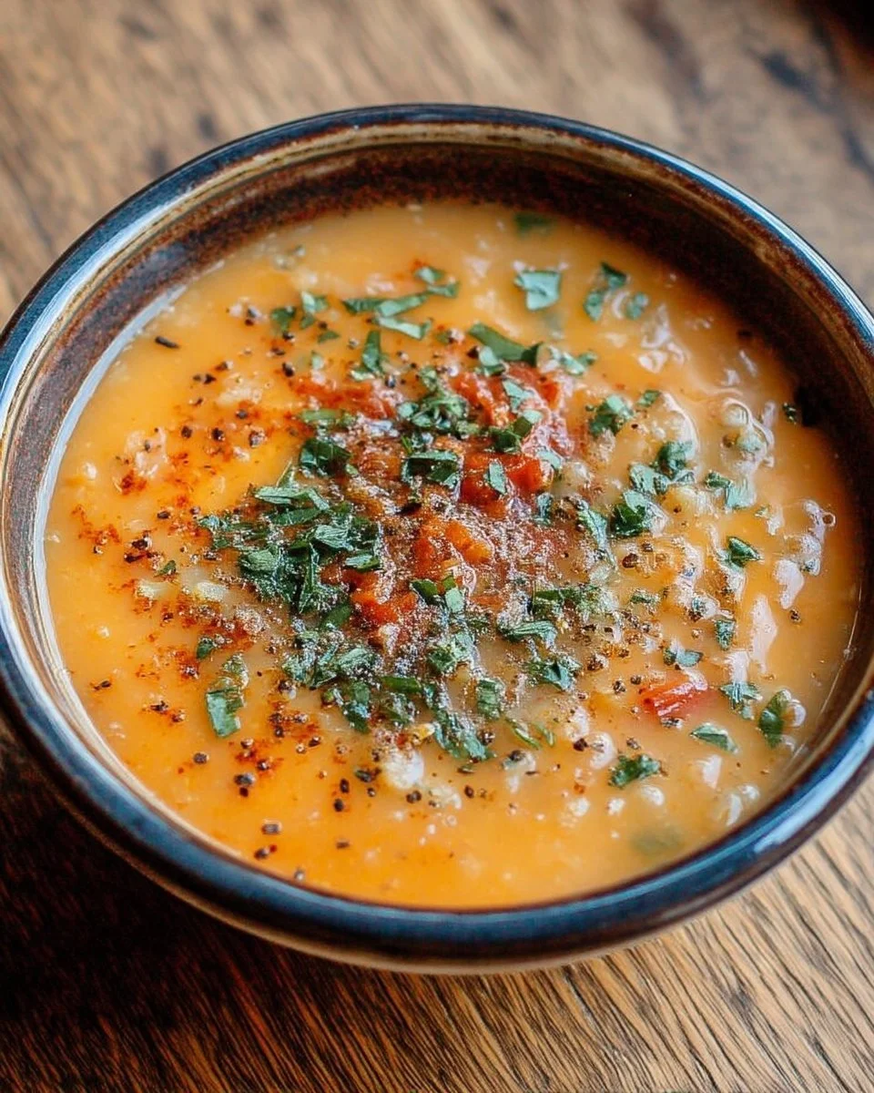 Soupe de lentilles avec paprika fumé et herbes dans un bol rustique.