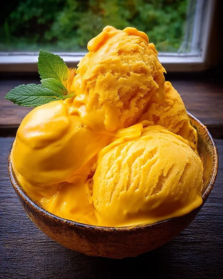Glace à la mangue maison dans un bol avec des morceaux de mangue frais