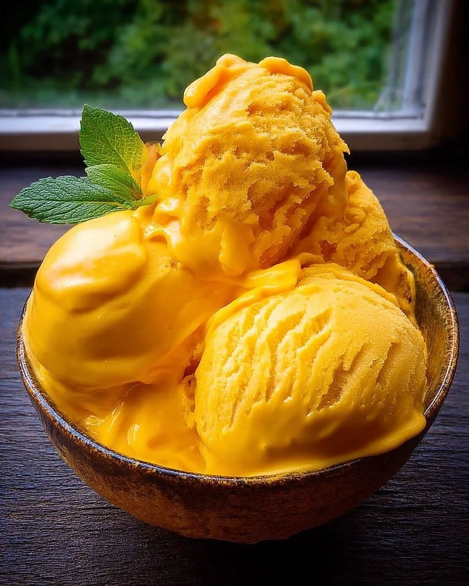Glace à la mangue maison dans un bol avec des morceaux de mangue frais