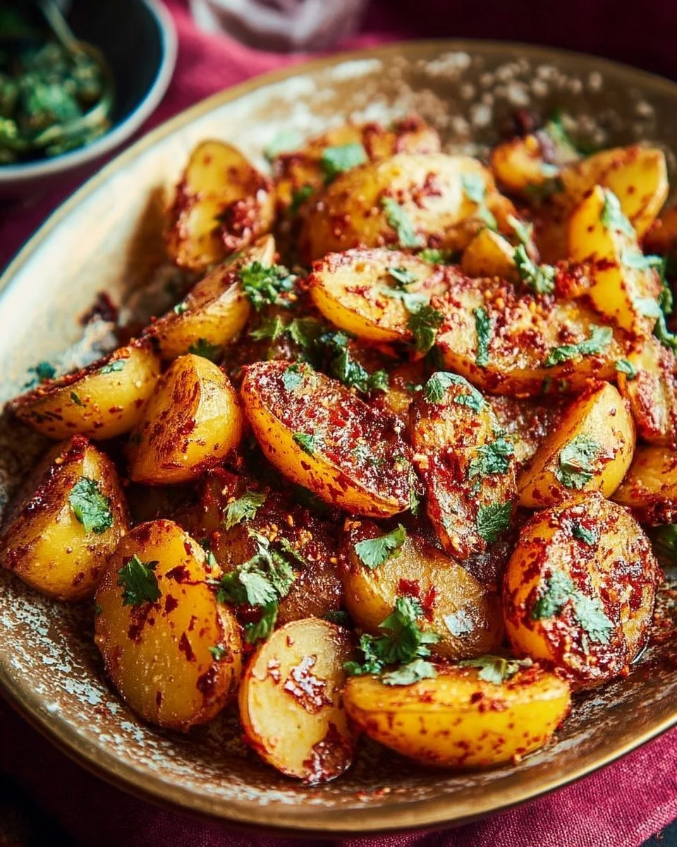 Pommes de terre marinées au harissa et à la coriandre sur une assiette.