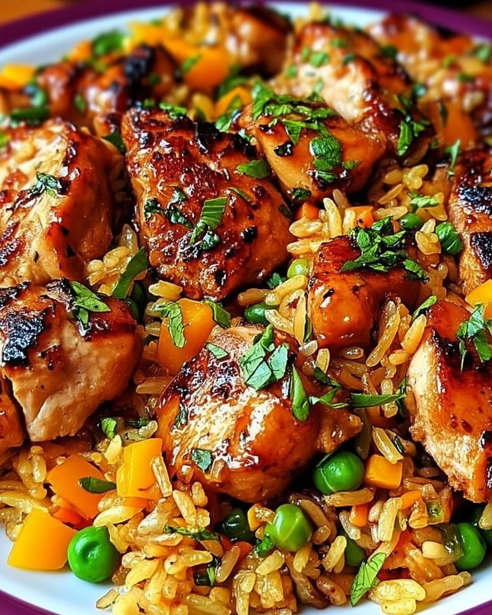 Poulet laqué et riz coloré