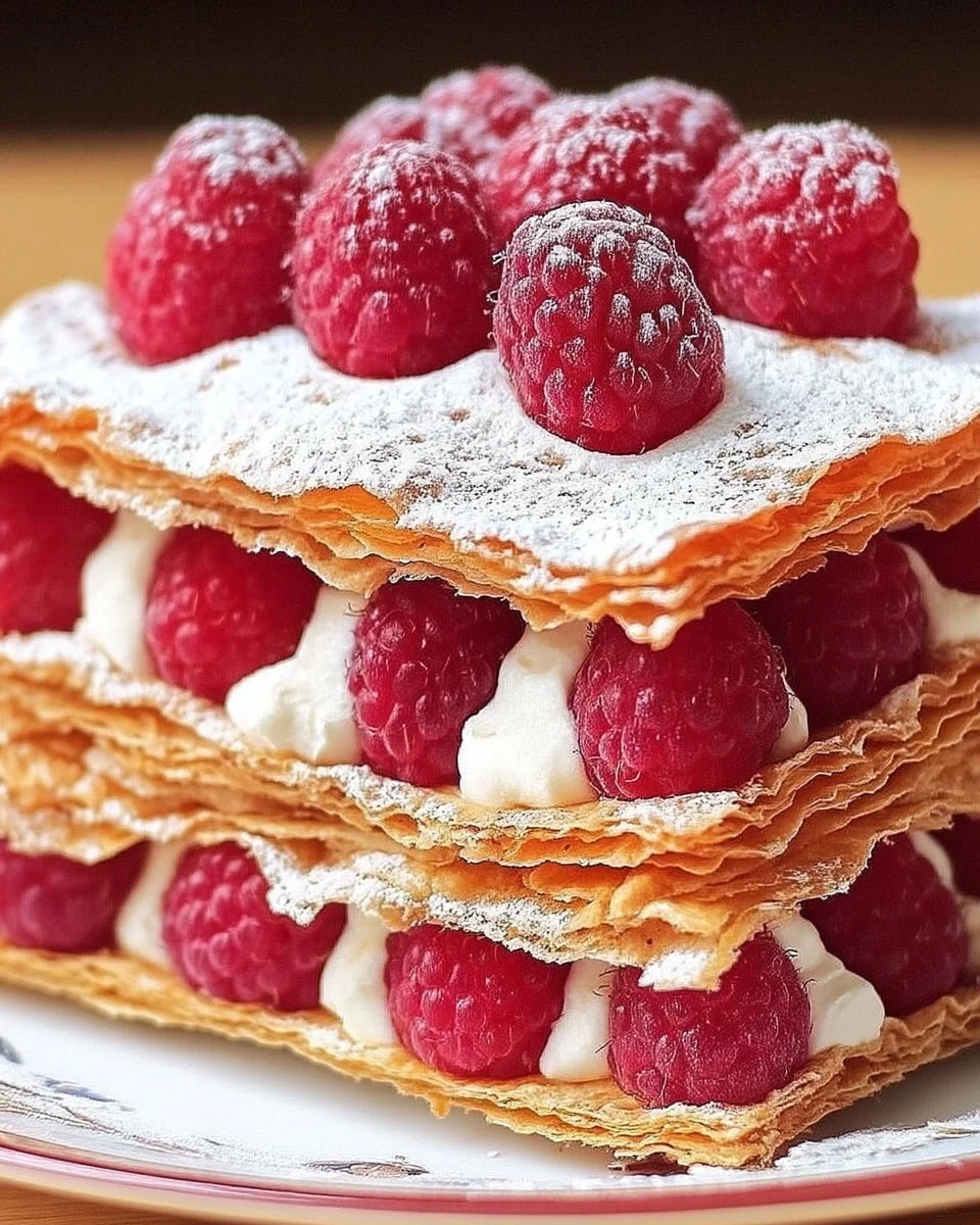 Millefeuille aux framboises présenté sur une assiette avec décoration.