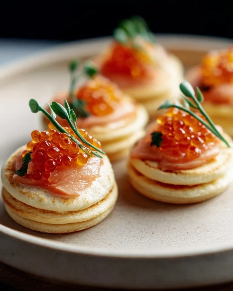 Mini-blinis avec tarama et œufs de truite, présentés sur une assiette.