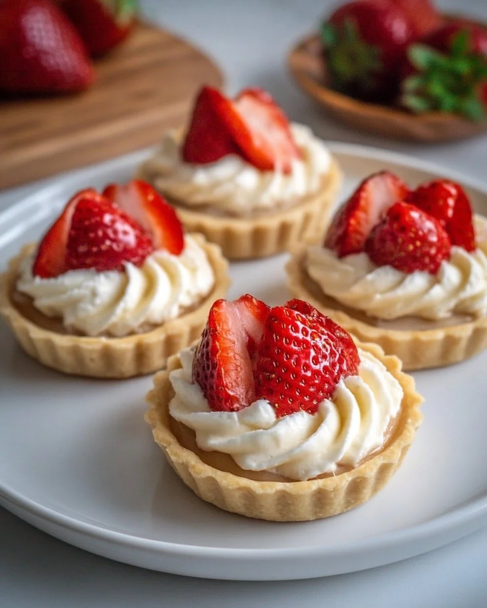 Mini-tartelettes aux fraises garnies de crème vanille, dessert élégant et savoureux.