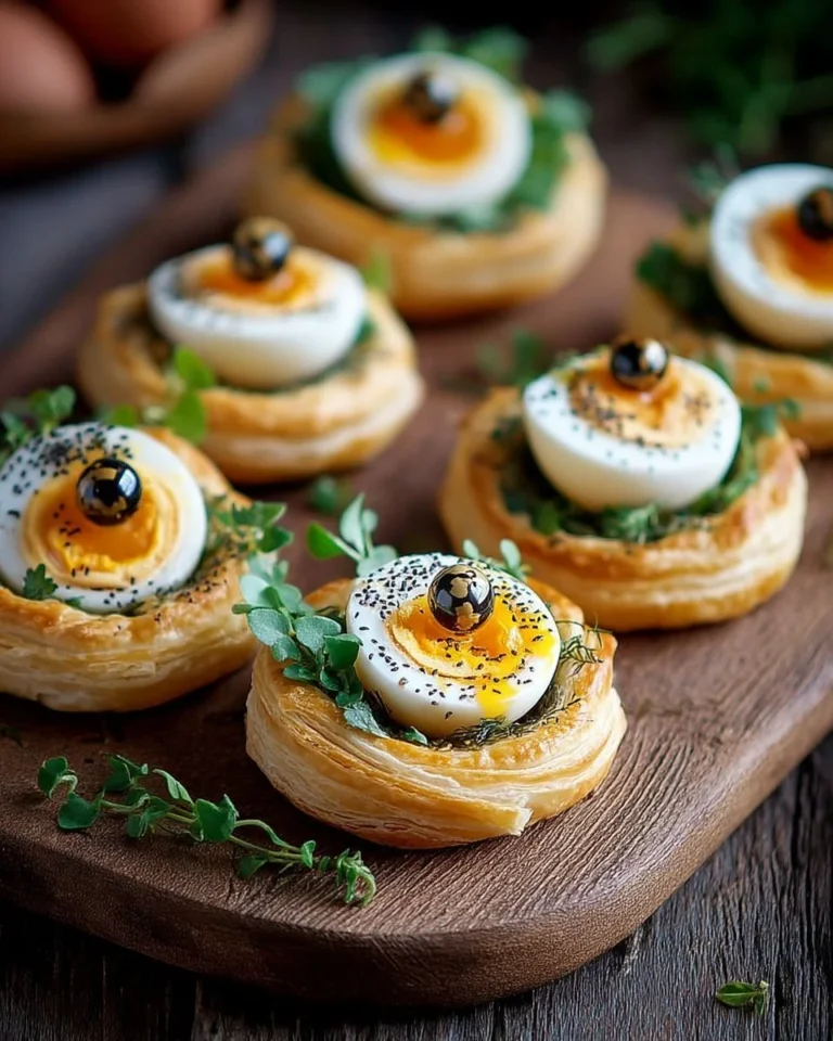 Nids feuilletés garnis d'œufs de caille et d'herbes fraîches