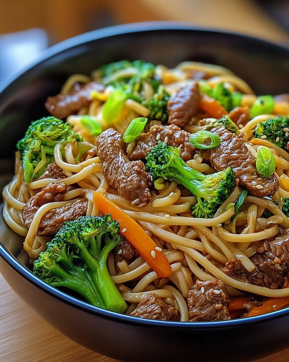 Noodles au bœuf et brocoli dans une assiette appétissante