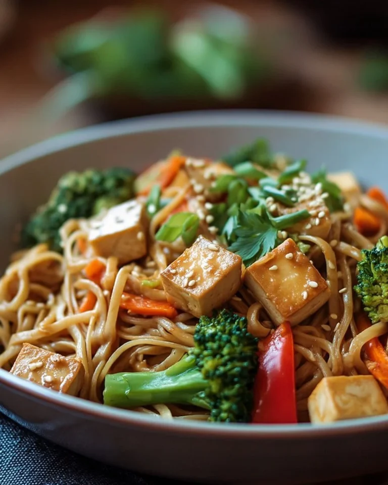 Nouilles aux légumes et tofu dans une sauce aux cacahuètes, plat savoureux et nutritif