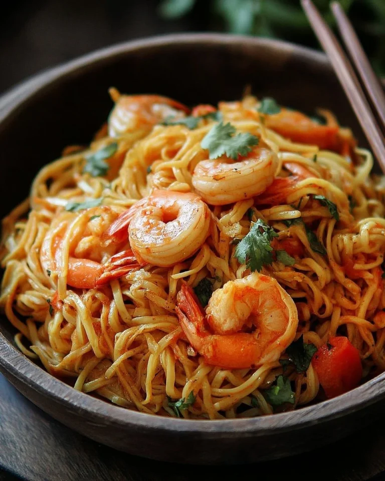 Nouilles frites aux crevettes et lait de coco dans un plat coloré
