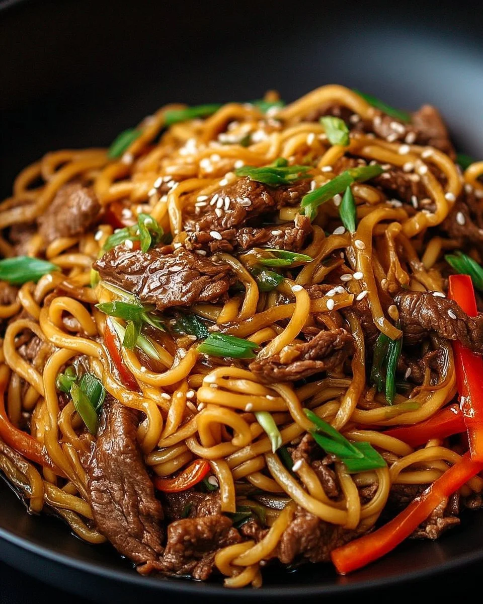 Plat de nouilles Lo Mein au bœuf servi avec légumes frais