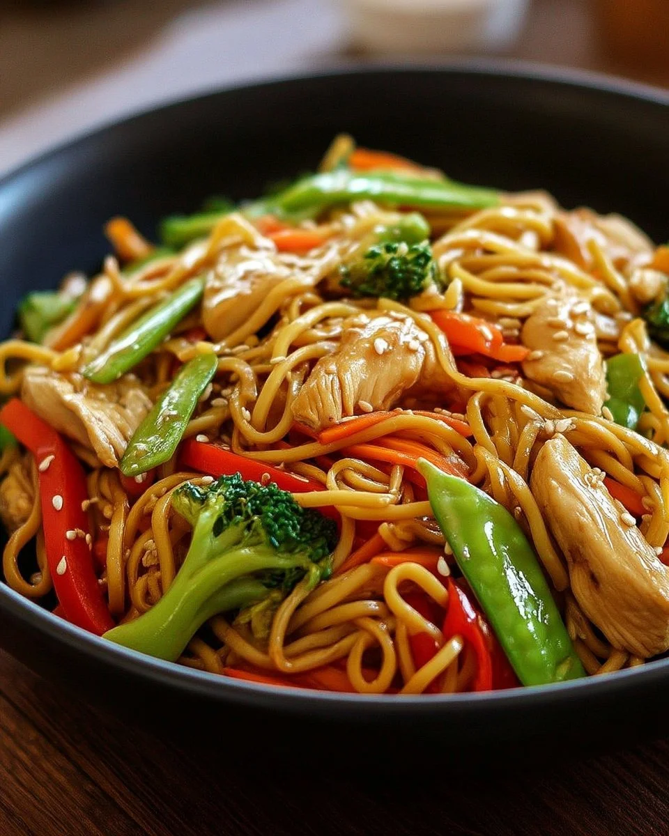 Nouilles sautées au poulet et aux légumes croquants, plat délicieux et rapide