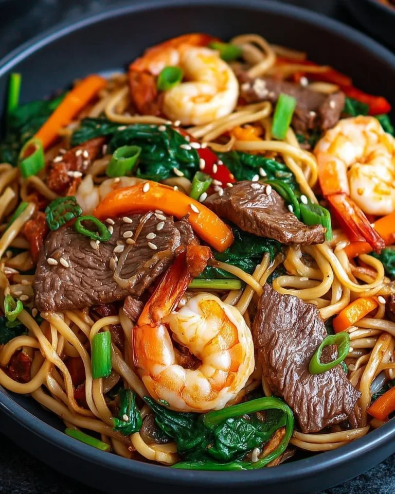 Nouilles sautées aux crevettes et au bœuf servies dans une assiette colorée