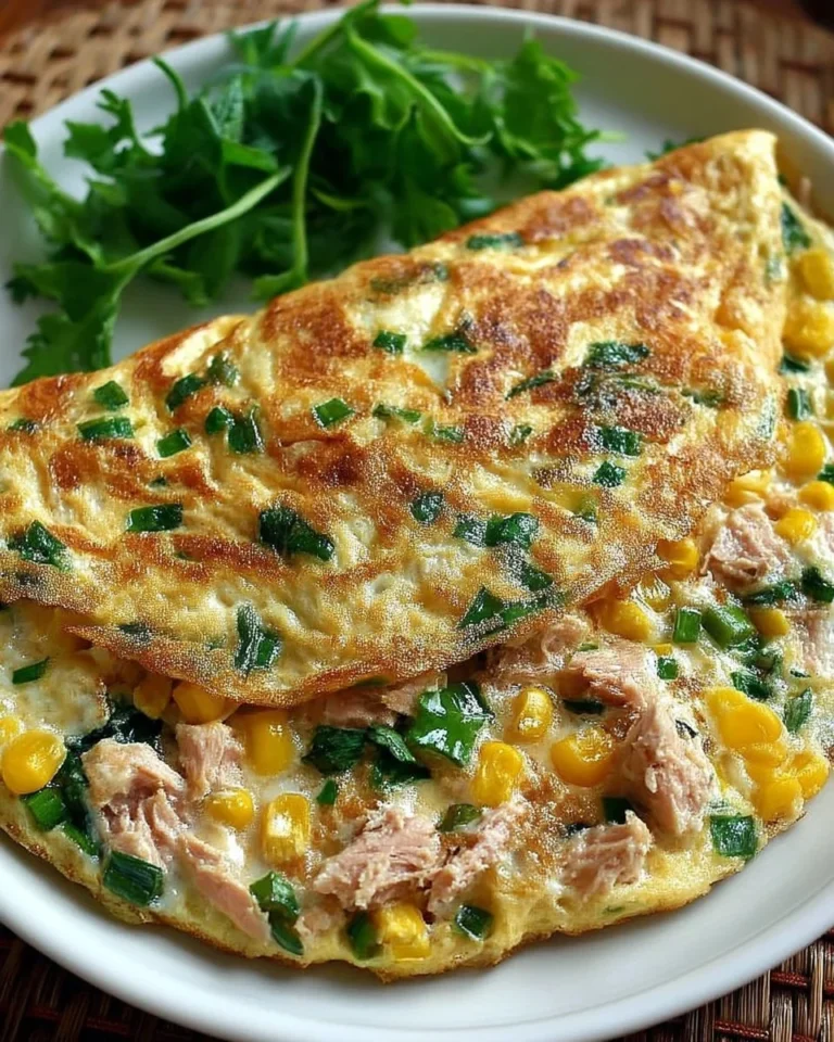 Une omelette au thon et maïs, plat savoureux et rapide à préparer.