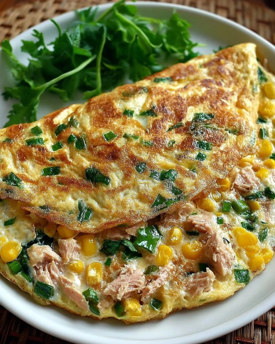Une omelette au thon et maïs, plat savoureux et rapide à préparer.