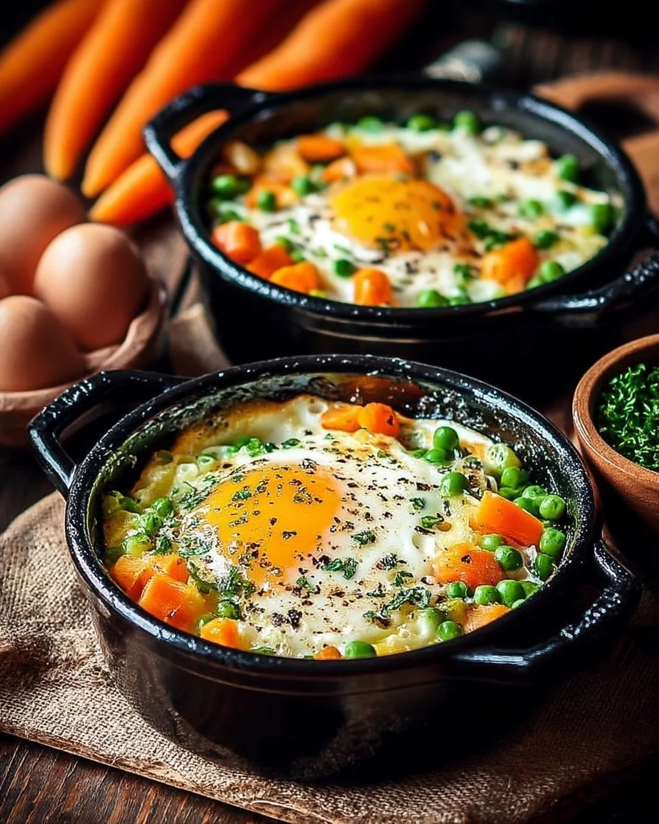 Recette d'œufs au four avec pois fondants et carottes